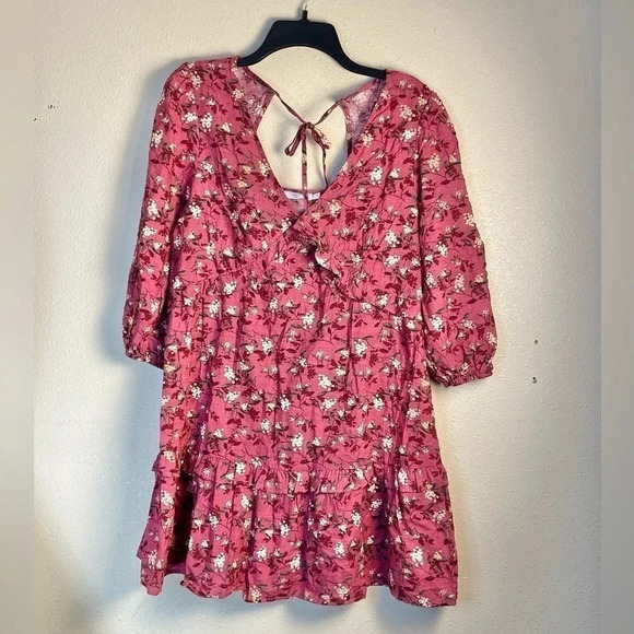 Lush Size Large Floral Ruffle Trimmed Dress Open Tie Back Side Zip Magenta NEW - Picture 1 of 11